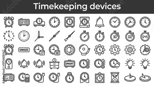 Timekeeping devices line style icons, 40 distinct items including analog alarm clock, digital alarm clock, bedside clock, wall