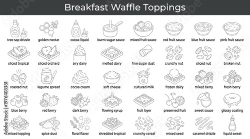 Crispy grid cakes topped with tree sap drizzle, golden nectar topping, cocoa liquid topping, burnt sugar sauce, mixed fruit sauce,