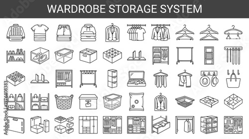 Organized clothing storage featuring neatly folded knitwear, folded tops, folded denim, stacked casual wear, suspended garments,