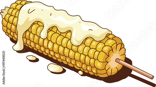 Sweetcorn butter illustration, grilled corn cob with dripping butter for street food snack, summer bbq, and fresh vegetable design.