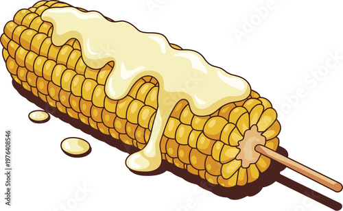 Grilled corn illustration, sweetcorn cob with butter dripping for street food snack, summer bbq, and fresh tasty vegetable design.