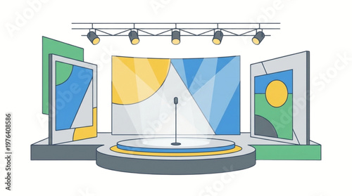 Colorful stage with microphone stand.