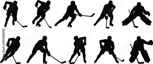 Ice hockey player silhouettes set, skating shooting goalie poses, winter sport action collection, athletic vector illustration isolated on white