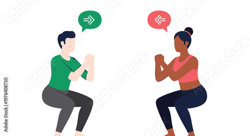 Fitness, exercise, workout, squat, people, vector icons