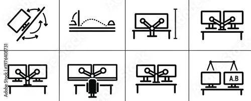 Set of computer monitor icons with various ergonomic and adjustable positions for office work and workspace comfort