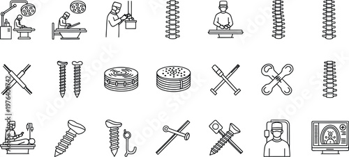 Surgical tools and screws medical equipment icons set  doctor surgeon operating patient with various instruments and hardware