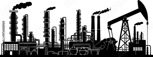 Industrial factory silhouette vector illustration with oil refinery, chemical plant, and pump jack, depicting energy production and heavy industry
