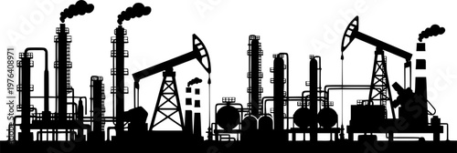 Industrial factory silhouette vector illustration with oil refinery, chemical plant, and pump jack, depicting energy production and heavy industry
