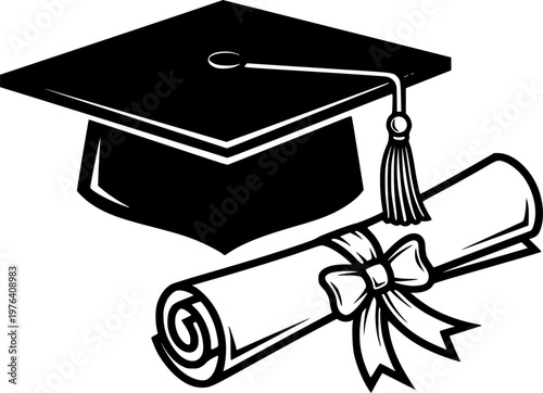 Graduation hat with diploma icon set. Student hat with academic degree certificate vector illustration. College, school and university graduation ceremony concept