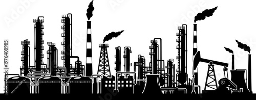 Industrial factory silhouette vector illustration with oil refinery, chemical plant, and pump jack, depicting energy production and heavy industry
