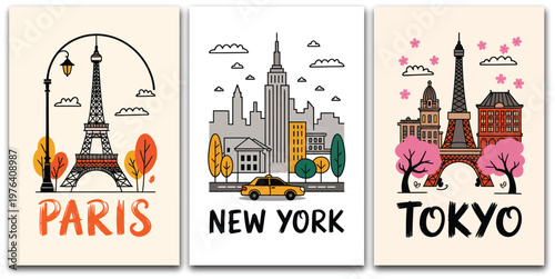 Retro travel posters illustration set, Tokyo Paris and New York hand drawn ink sketch style for vintage tourism design and souvenirs.