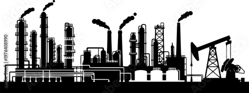 Industrial factory silhouette vector illustration with oil refinery, chemical plant, and pump jack, depicting energy production and heavy industry
