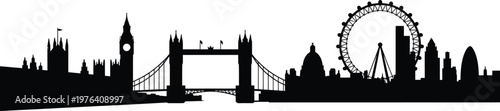 London skyline silhouette, Tower Bridge Big Ben London Eye landmarks, cityscape illustration, travel destination vector, black and white England design