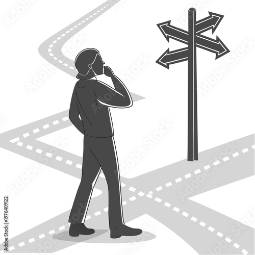 A man in a suit stands at a crossroads, looking confused while talking on his phone
