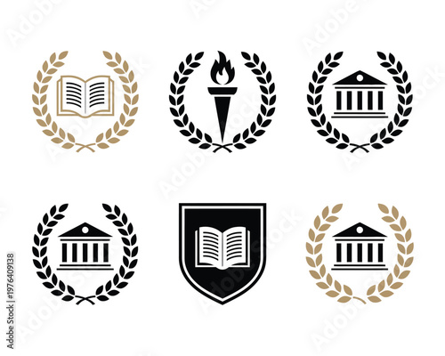Education laurel wreath icons illustration set, torch open book and building symbols representing academic success, university excellence, and achievement.