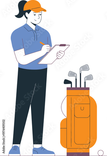 Golfer scoring illustration, female player in blue polo and orange cap writing scorecard on clipboard near golf bag.