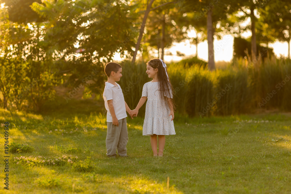 Fototapeta premium two children, a boy and a girl, are walking in the park at sunset in the summer
