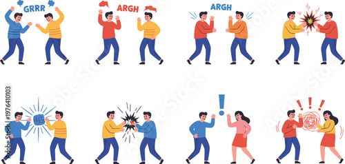 Vector illustration of people arguing with expressive gestures, shouting and conflict symbols
