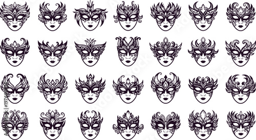 Vector illustration of ornate masquerade masks with decorative patterns, feathers and floral motifs