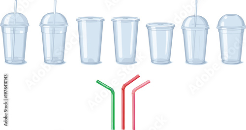 Vector illustration of plastic drink cups with dome and flat lids plus bendable straws