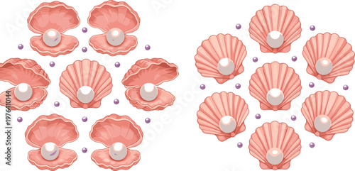 Vector illustration of pink seashells with pearls in open and closed designs