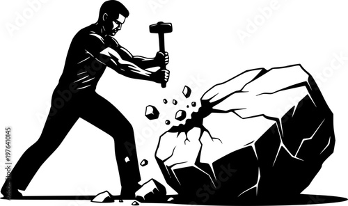 Motivational perseverance concept vector illustration, man breaking stone with hammer, success through hard work, determination, persistence, and effort in achieving goals, silhouette design