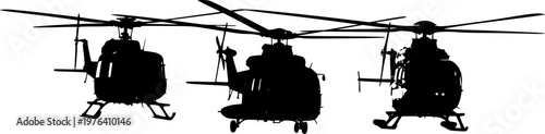 Set of Three Helicopter Silhouettes Showing the Front View with Rotor Blades, Representing Air Transport, Aviation, Rescue Services, Search and Rescue, and Modern Flight