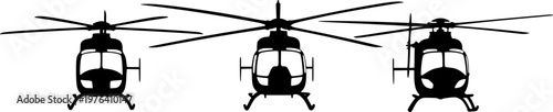 Set of Three Helicopter Silhouettes Showing the Front View with Rotor Blades, Representing Air Transport, Aviation, Rescue Services, Search and Rescue, and Modern Flight