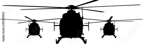Set of Three Helicopter Silhouettes Showing the Front View with Rotor Blades, Representing Air Transport, Aviation, Rescue Services, Search and Rescue, and Modern Flight