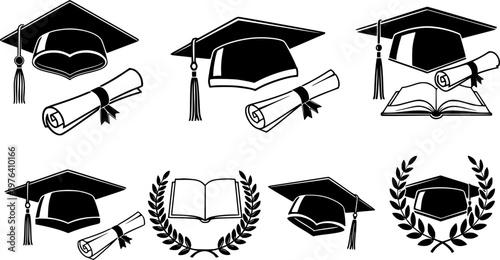 Graduation hat with diploma icon set. Student hat with academic degree certificate vector illustration. College, school and university graduation ceremony concept