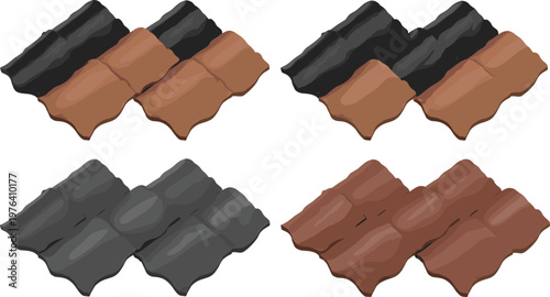 Vector illustration of roof tiles in black, brown, gray, and reddish‑brown overlapping wavy designs