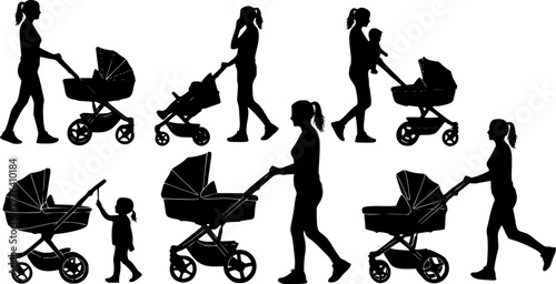 Mother pushing baby stroller silhouette set showing walking women in different poses, parenting lifestyle, childcare routine, family activity, black vector illustration isolated on white background