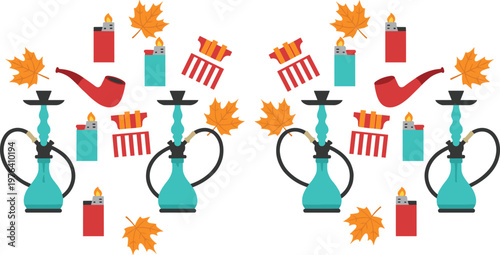 Vector illustration of smoking items including hookah, pipe, lighter, and cigarettes with autumn leaves in symmetrical pattern