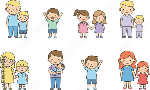 Vector illustration of cartoon family characters with parents and children in colorful outfitsVector illustration of cartoon family characters with parents and children in colorful outfits