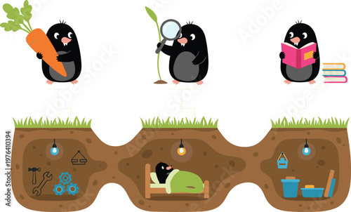 Vector illustration of cartoon moles above and underground with workshop, bedroom, and study burrows