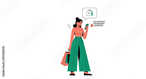 Shopping woman, illustration, green pants, online shopping, ecommerce concept, vector graphics