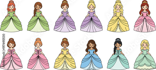 Vector illustration of colorful princess characters in ball gowns with varied hairstyles and dress designs