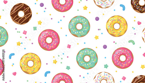 Vector illustration of colorful donut pattern with icing, sprinkles and decorative elements