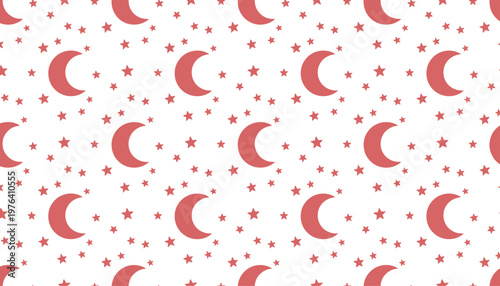 Vector illustration of crescent moon and star pattern with red celestial symbols on white background