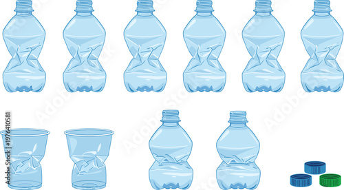 Vector illustration of crumpled plastic bottles, recycled forms, and separate caps