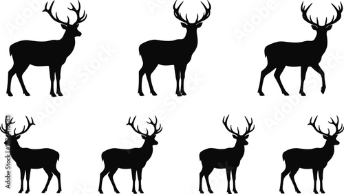 Vector illustration of deer silhouettes with antlers in different postures and variations