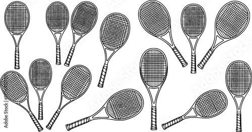 Set of tennis racket vector illustrations in black outline style, isolated sports equipment collection, hand drawn design elements for logo, print, and branding