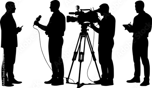 Silhouette vector illustration of news reporters and cameramen working together, broadcasting live television interview, media journalism concept, communication and press coverage scene