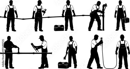Silhouette vector illustration of plumbers repairing pipes, installing water lines, fixing hydrant leaks, professional maintenance workers with tools, ideal for