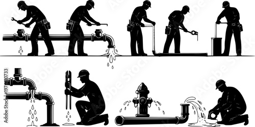 Silhouette vector illustration of plumbers repairing pipes, installing water lines, fixing hydrant leaks, professional maintenance workers with tools, ideal for