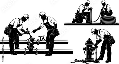 Silhouette vector illustration of plumbers repairing pipes, installing water lines, fixing hydrant leaks, professional maintenance workers with tools, ideal for