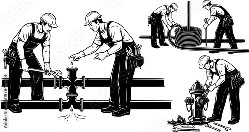 Silhouette vector illustration of plumbers repairing pipes, installing water lines, fixing hydrant leaks, professional maintenance workers with tools, ideal for