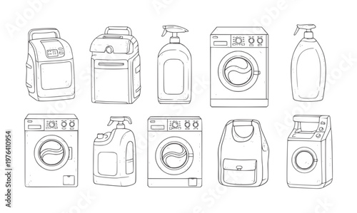 Hand drawn collection of laundry appliances and cleaning bottles washing machine