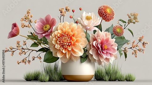 Beautiful mixed flowers bouquet in transparent vase high resolution picture