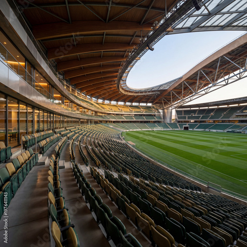 Football Stadium Interior with Emerald Striped Pitch Creates a Monumental Professional Sports Cinematic Showcase